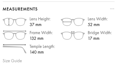 Frame size guide, Glasses Gallery